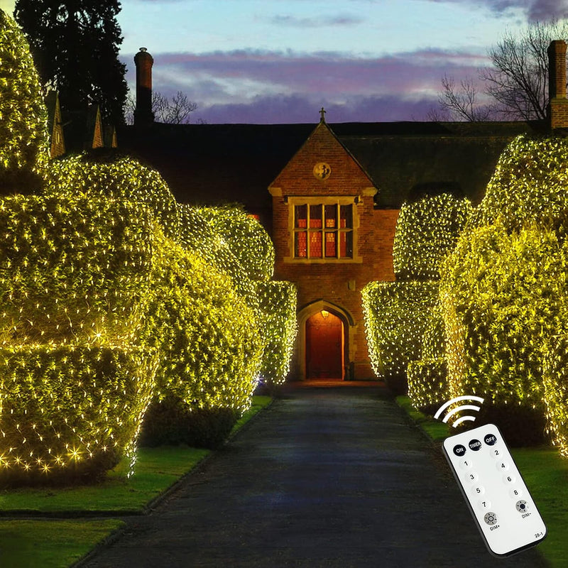 Net Lights Outdoor Mesh Lights, 200 LED 9.8Ft X 6.6Ft Christmas Net Lights Outdoor, 8 Modes Plug in Led Net Lights for Bushes Ceiling Hedge, Trees, Christmas Decoration (Warm White) - Puck's