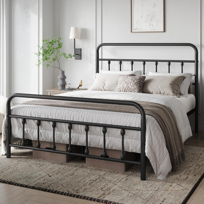 Classic Metal Platform Bed Frame Mattress Foundation with Victorian Style Iron-Art Headboard/Footboard/Under Bed Storage/No Box Spring Needed/Queen Size Black - Puck's