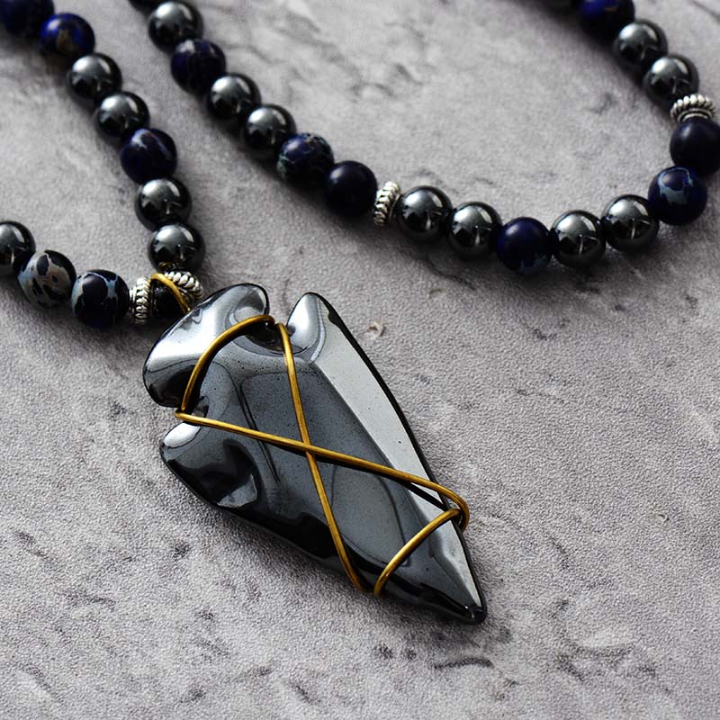 Imperial Jasper & Hematite Steampunk Arrowhead Necklace - Puck's