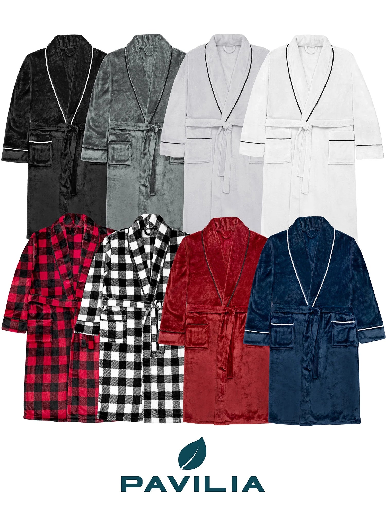 Mens Soft Robe, Plaid White | Warm Fleece Robes for Men, Soft Spa Bathrobe with Piping, Shawl Collar, and Pockets (Black and White Buffalo Plaid Checkered)