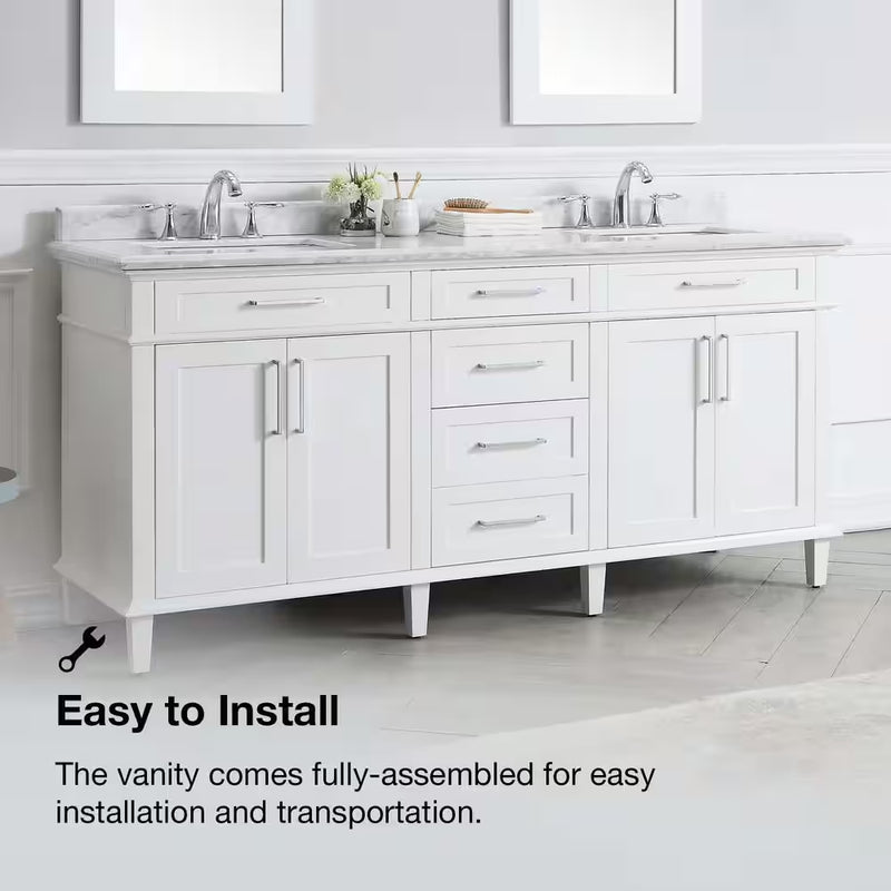 Sonoma 72 In. Double Sink White Bath Vanity with Carrara Marble Top (Assembled) - Puck's