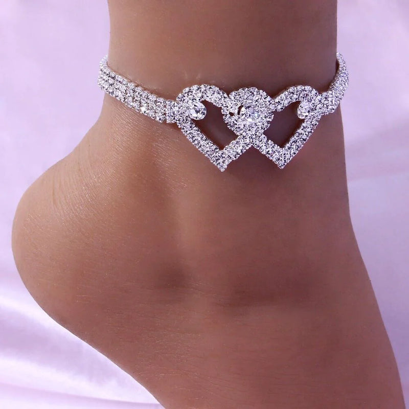 Double Heart Anklet Bracelet Love Barefoot Chain Bling Crystal Ankle Bracelet US - Puck's