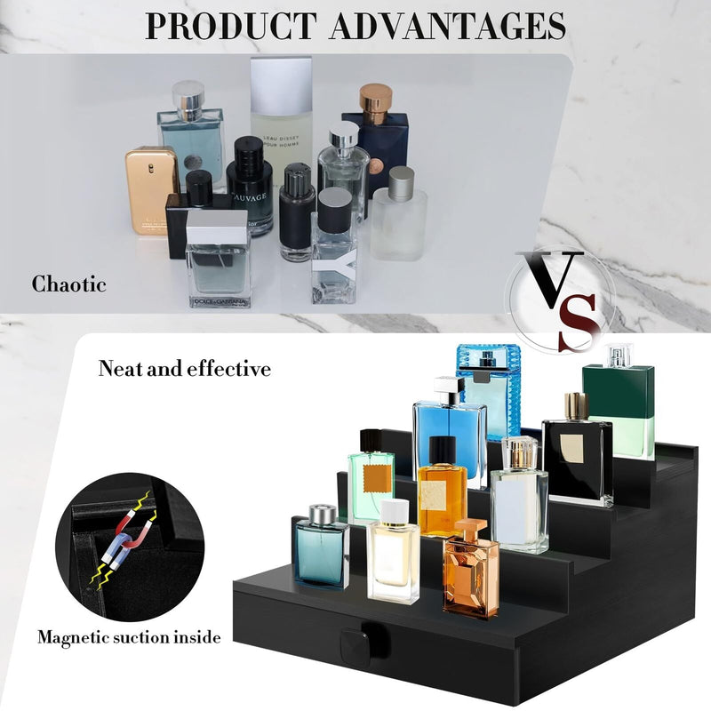 Cologne Organizer for Men, 4 Tier Black Wood Perfume Organizer with Felt Lini... - Puck's