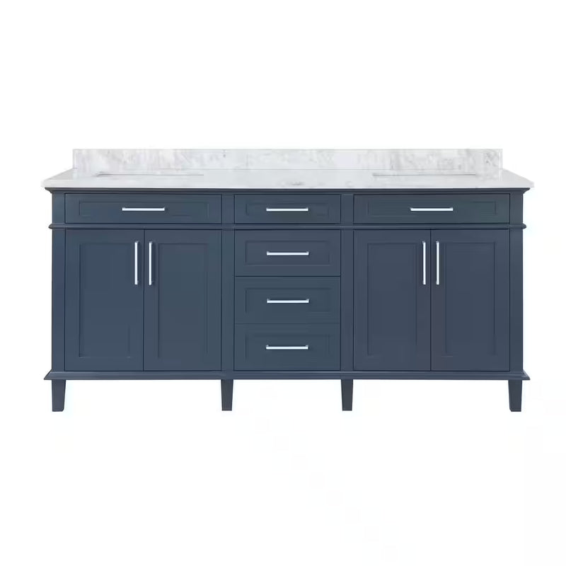 Sonoma 72 In. Dubbele Wastafel Midnight Blue Badmeubel met Carrara Marmeren Bovenblad (Gemonteerd) - Puck's
