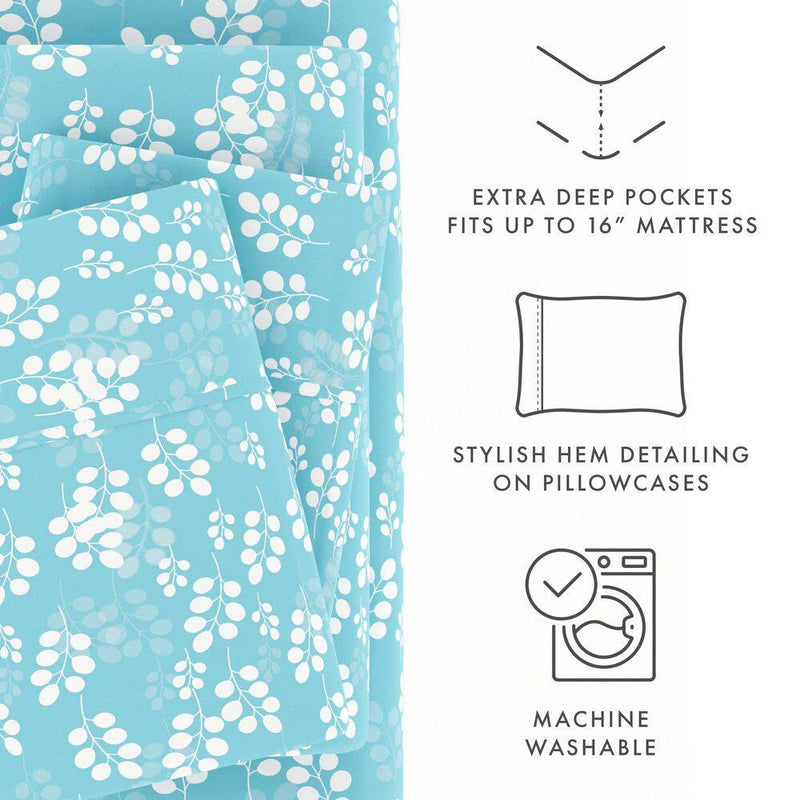 4-Piece Pale Blue Floral Microfiber Twin Sheet Set