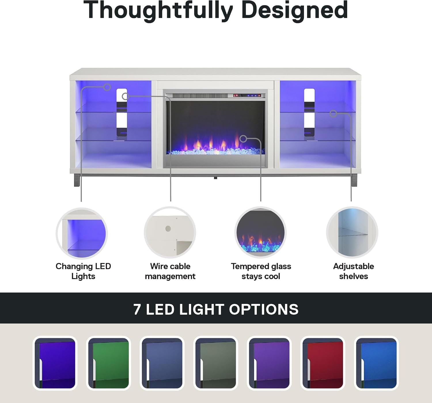 Lumina Fireplace TV Stand for Tvs up to 70 Inch, Replaceable Electric Fireplace Insert Heater, Remote Control, Timer, Color Changing LED Lights, Crystal Ember Flames, White - Puck's