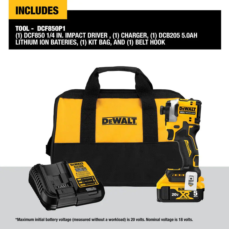 ATOMIC 20V MAX Lithium-Ion Cordless 1/4 In. Brushless Impact Driver Kit, 5 Ah Battery, Charger, and Bag - Puck's