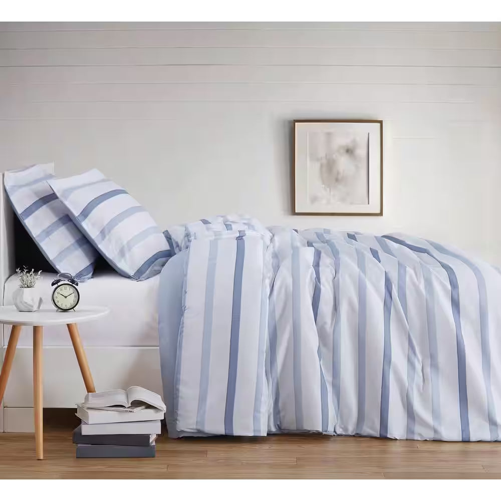Waffle Stripe Twin XL 2-Piece White/Blue Comforter Set