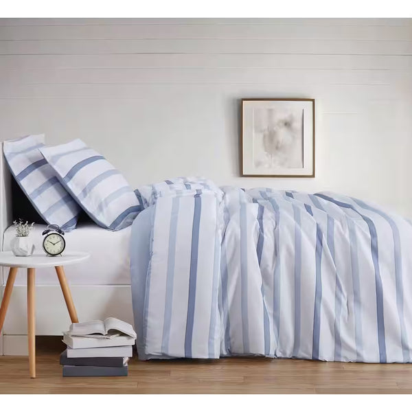 Waffle Stripe Twin XL 2-Piece White/Blue Comforter Set