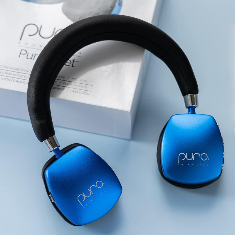 Puroquiets Volume Limited On-Ear Active Noise Cancelling Bluetooth Headphones – Lightweight Headphones for Kids with Built-In Microphone – Safer Sound Studio-Grade Quality (Dark Blue) - Puck's