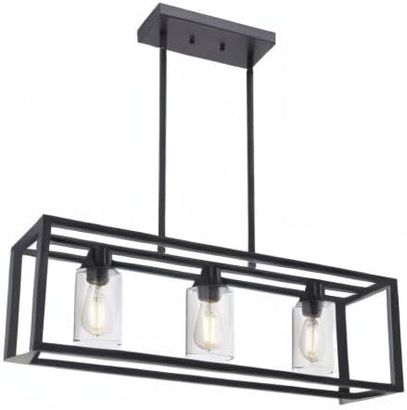 Kitchen Island Lighting 3 Lights Farmhouse Chandelier, Black Pendant Lighting with Clear Glass Shade, Dining Room Lighting Fixtures Hanging Rectangle Chandelier Lighting - Puck's