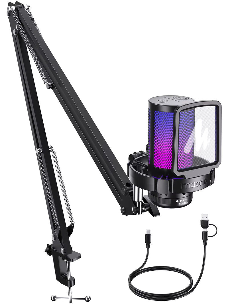 Gamerwave DGM20 RGB Gaming Microphone USB Condenser Mic Noise Canceling Mic with Mic Gain,Rgb Light,One Key Mute - Puck's