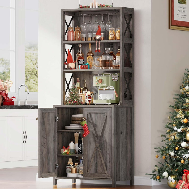 67" Tall Wine Bar Cabinet for Liquor and Glasses, Farmhouse Kitchen - Puck's