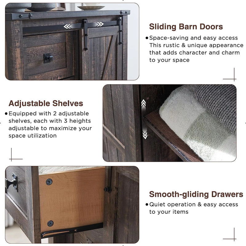 Modern Farmhouse 5-laden dressoir met schuurdeur, verstelbaar opbergmeubel voor slaapkamer, woonkamer, donker rustiek eiken - Puck's