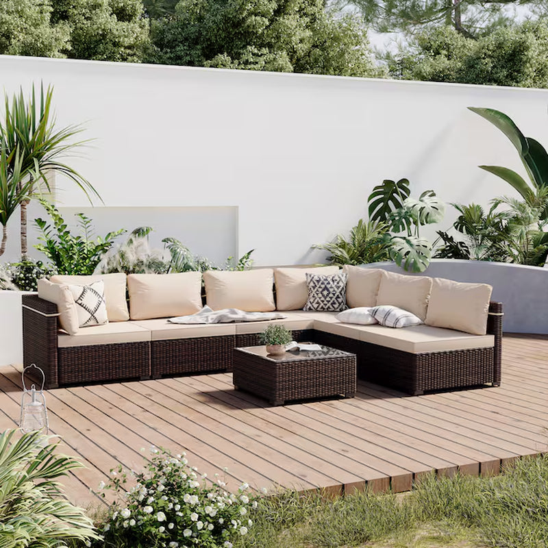 7 -Piece Rattan Patio Conversation Set with Beige Cushions - Puck's
