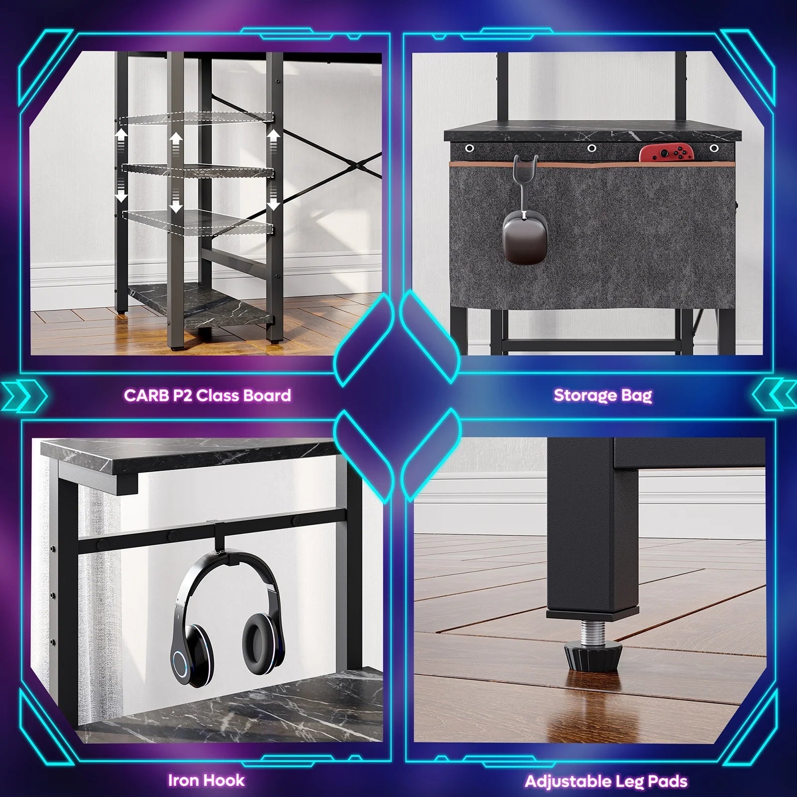 Computer Gaming PC Desk 44 Inch Gamer Table with LED Lights, Reversible 4 Tier Storage Shelves Carbon Fiber - Puck's
