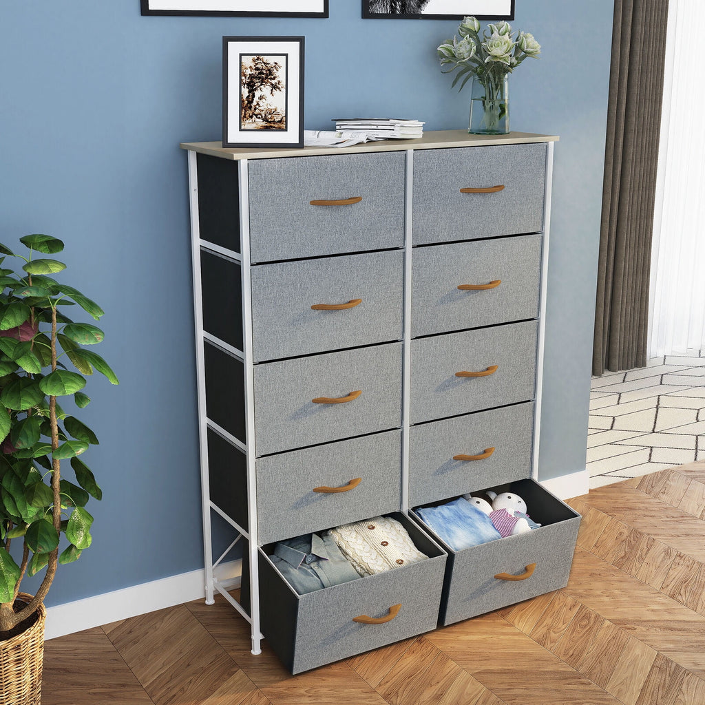 10 Drawer Dresser Chest of Storage Dresser Tall Fabric Dresser Storage Cabinet Bin Nightstand Cabinet, Gray - Puck's