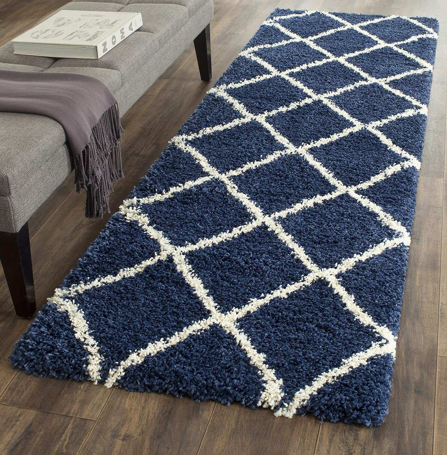 Hudson Shag Collection Runner Rug - 2'3" X 8', Navy & Ivory, Modern Trellis Design, Non-Shedding & Easy Care, 2-Inch Thick Ideal for High Traffic Areas in Living Room, Bedroom (SGH281C) - Puck's