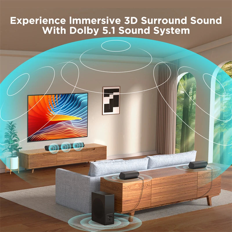 Hiwill D51W Dolby 5.1CH Soundbar Theater Sound Bar Surround Sound System 6 Drivers 3D Surround Sound Powerful Bass 3EQ Modes Wired Soundbar with 6.5'' Wireless Subwoofer - Puck's