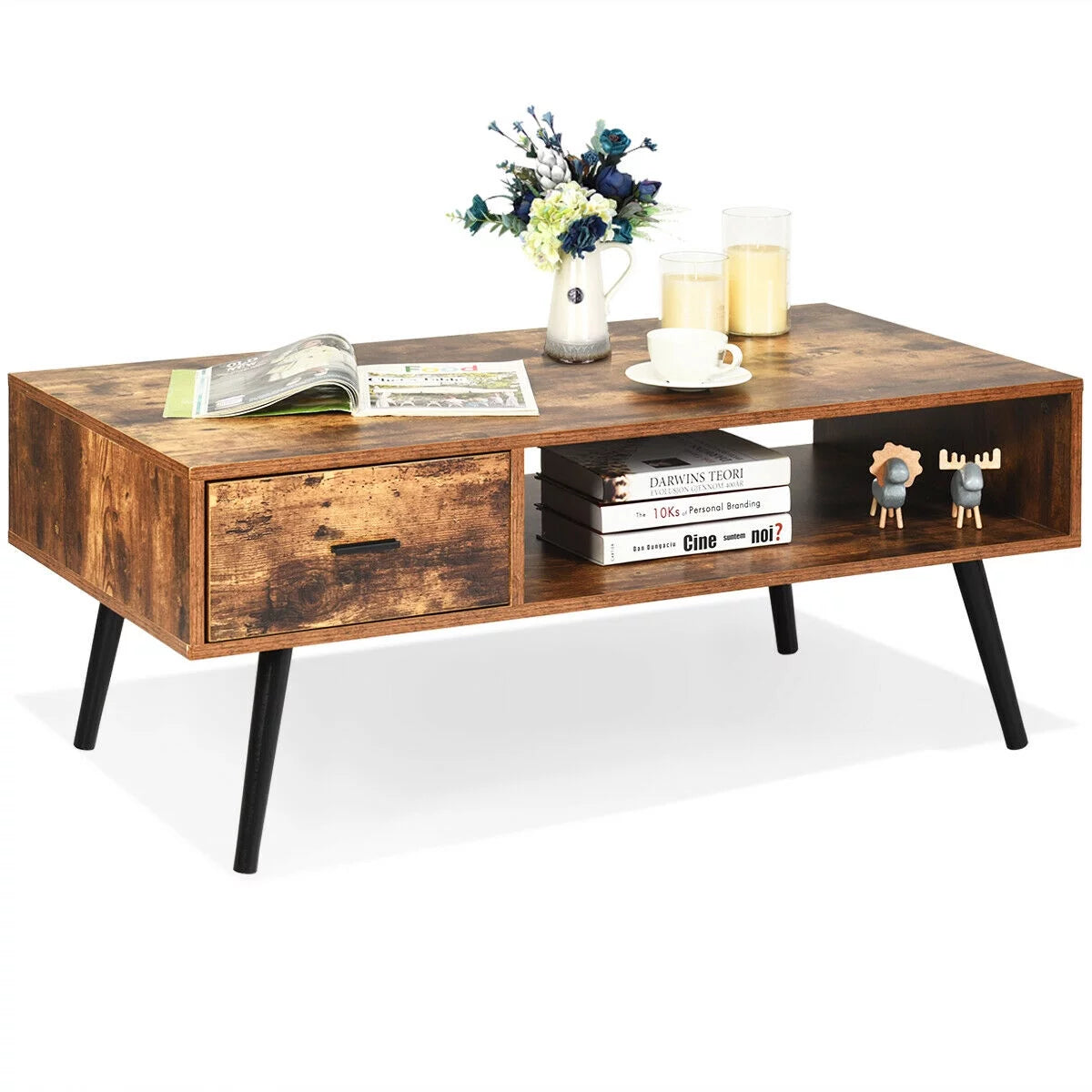 Retro Coffee Table Mid Century Modern Living Room Furniture W/Open Storage Shelf - Puck's