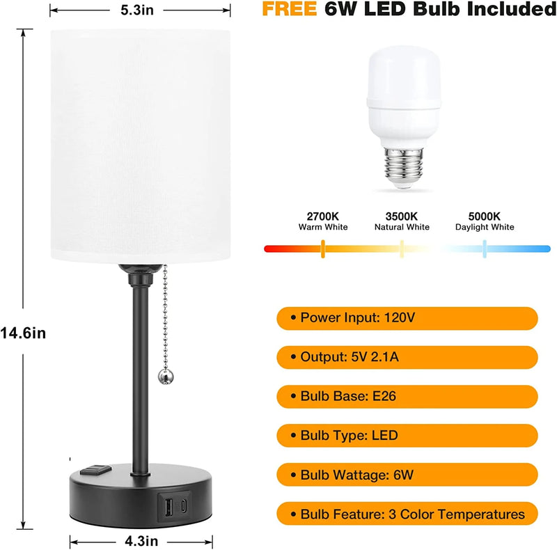 Table Lamp with USB Ports, AC Outlet, 3 Color Temperatures, 14.6 Inch Bedroom Lamp