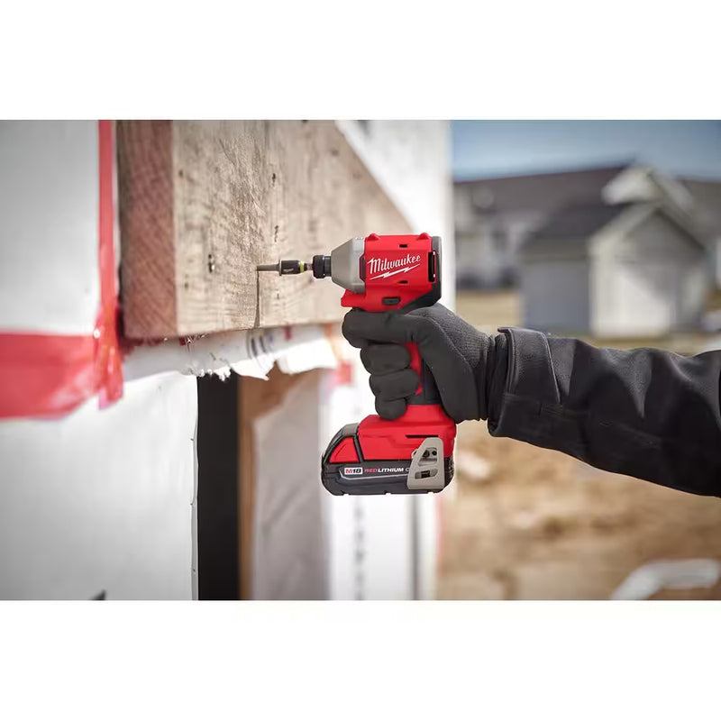 M18 18-Volt Lithium-Ion Compact Brushless Cordless 1/4 In. Impact Driver Kit with One 2.0 Ah Battery, Charger & Tool Bag - Puck's