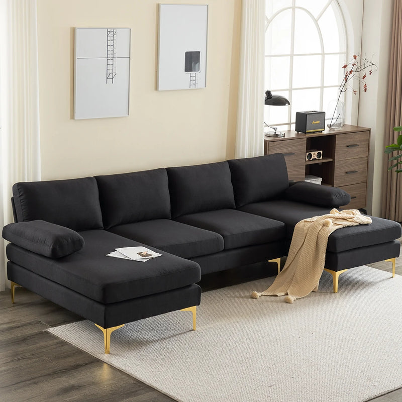 Sectiebank, U-vorm converteerbare bank set met zachte linnen stof, lounge slaapbank met Chaise voor woonkamer 4 zetels zwart - Puck's