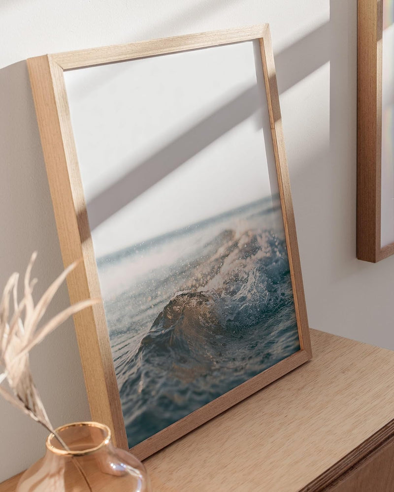 Ocean Wall Art and Wave Poster - Ocean Wave Posters and Beach Art Ocean Posters, Wave Poster and Ocean Wall Decor, Hawaii Surfer Room Decor, Waves Print (Beige Frame, 12X16) - Puck's