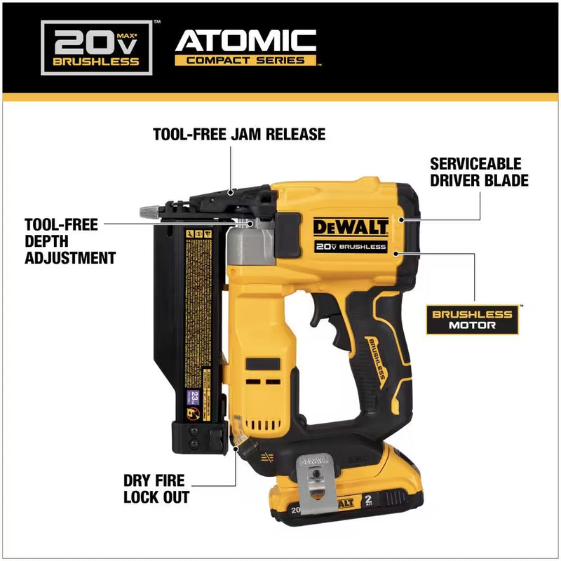 ATOMIC 20V MAX Lithium Ion Cordless 23 Gauge Pin Nailer Kit with 2.0Ah Battery and Charger - Puck's