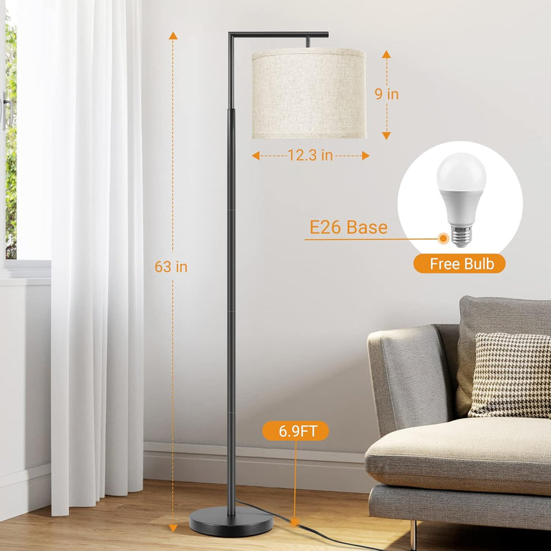 Floor Lamp for Living Room with 3-Color Temperature 9W LED Bulb, Modern Standing Lamp with Linen Beige Shade & Foot Switch, Tall Pole Lamp for Bedroom, Study Room, Office, Kids Room (Black) - Puck's