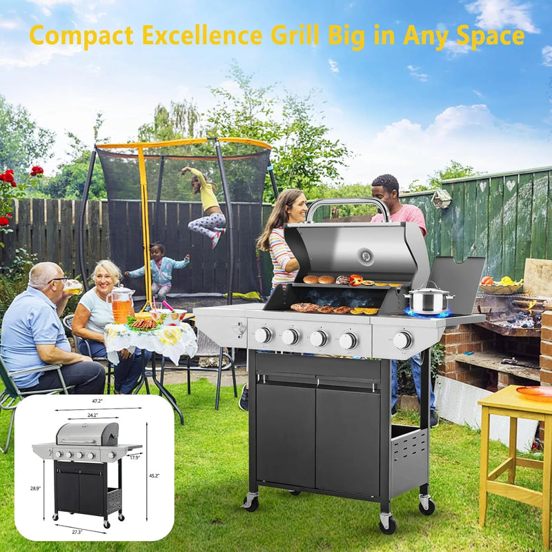 4-Burner Propane Gas Grill with Side Burner, 46700 BTU Porcelain-Enameled Cast Iron Grates Outdoor Cooking Stainless Steel BBQ Grills Cabinet, Black
