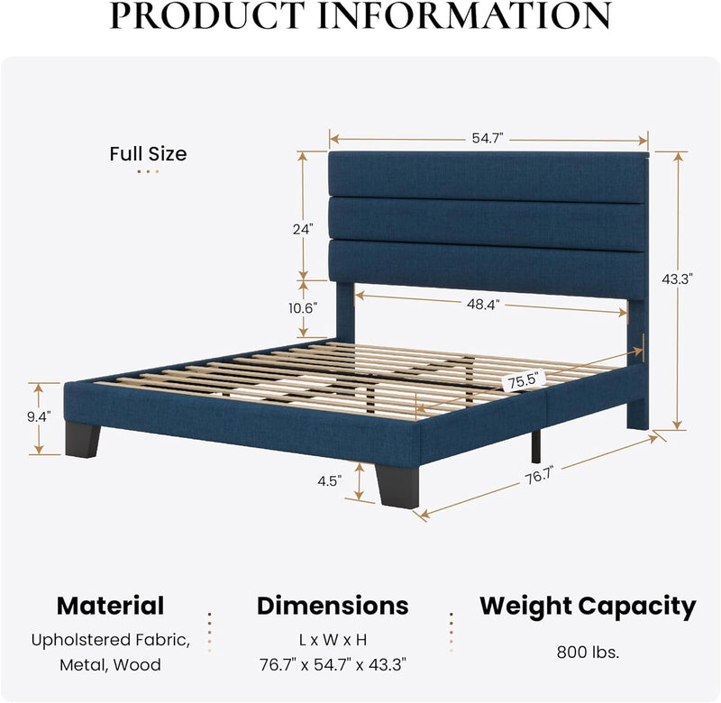 Full Platform Bed Frame with Upholstered Fabric Headboard, Mattress Foundation with Strong Wooden Slats Support, No Box Spring Needed, Blue - Puck's