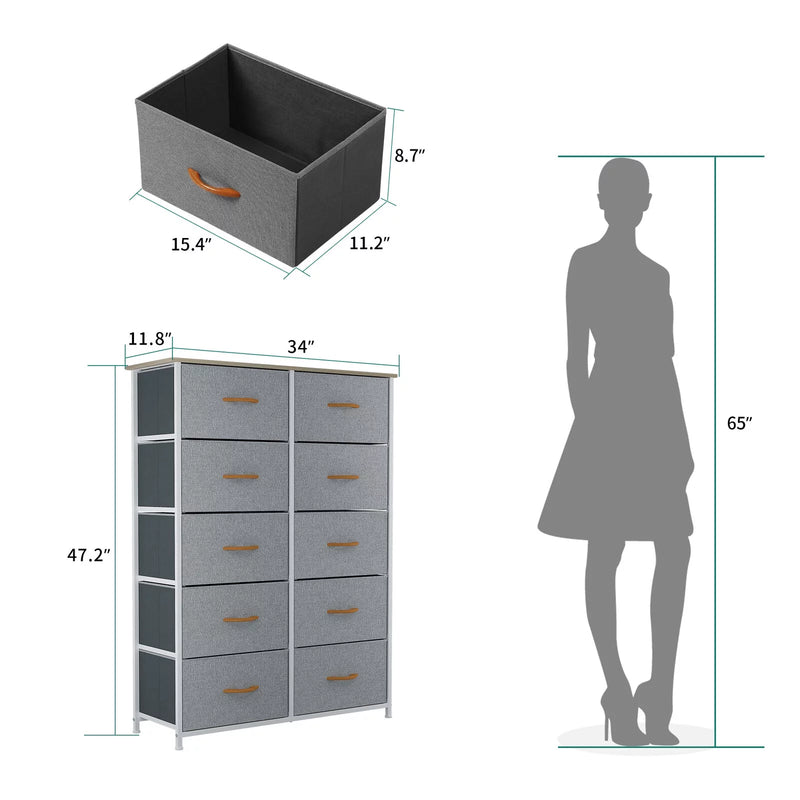 10 Drawer Dresser Chest of Storage Dresser Tall Fabric Dresser Storage Cabinet Bin Nightstand Cabinet, Gray - Puck's