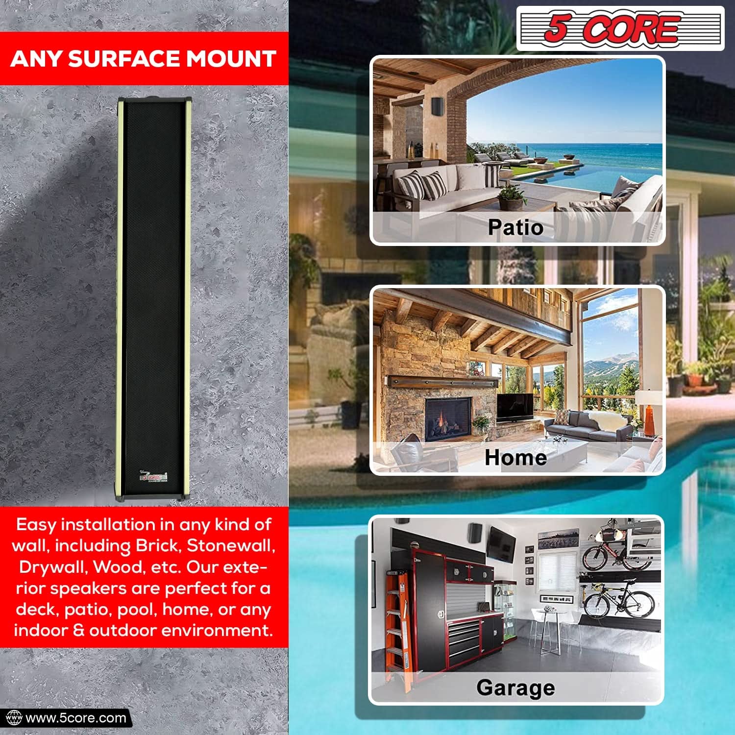 5Core Outdoor Speakers Stereo in Wall 300W Peak Passive Home Audio System - Puck's