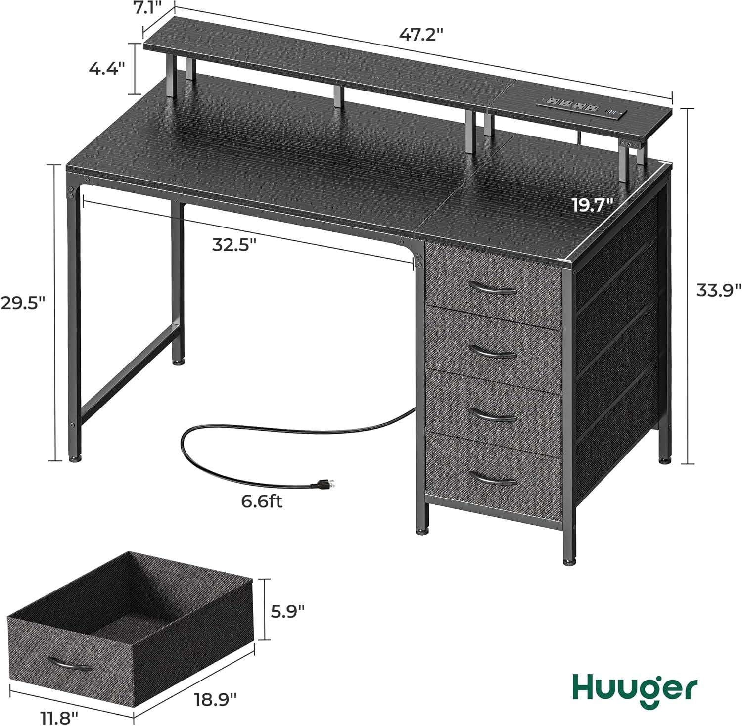 47 Inch Computer Desk with Power Outlets and LED Lights, Gaming Desk - Puck's