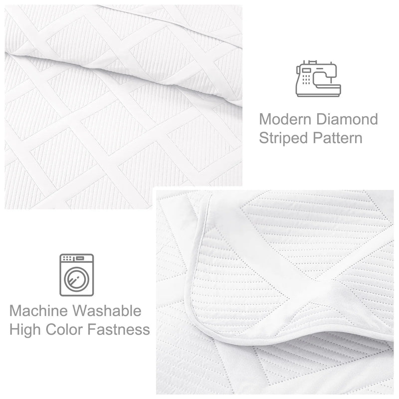 Ultrasonic King Quilt Set, 3-Piece Lightweight Bedspreads Modern Striped Coverlet, White - Puck's