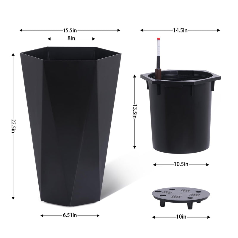 23" Tall Planters Set of 2, Outdoor＆Indoor Planter Pots, High Front Porch Planter Pots with Drainage Holes＆Water Level Monitor＆Inner Bucket, Automatic Watering, Convenience Instill, Black - Puck's
