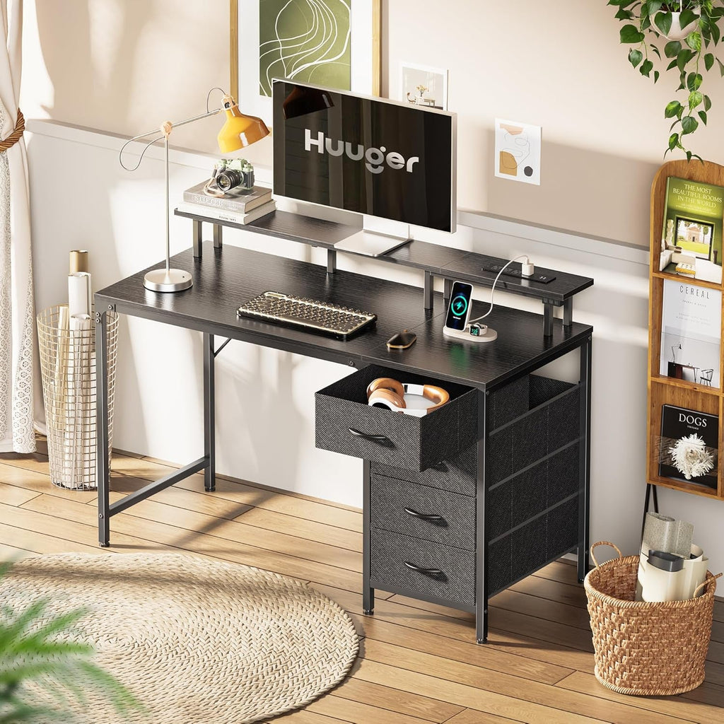 47 Inch Computer Desk with Power Outlets and LED Lights, Gaming Desk - Puck's