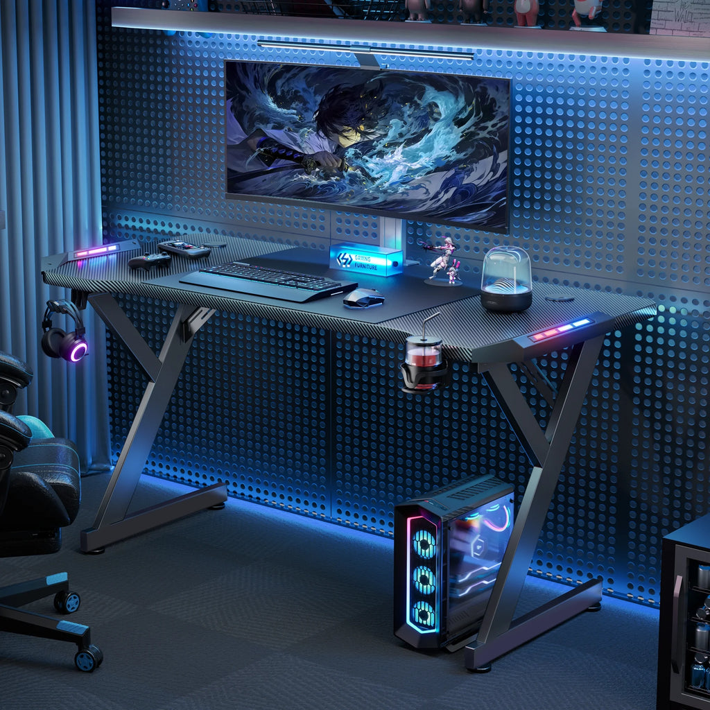 55 Inch Gaming Desk with LED, Ergonomic Computer Table for Adult and Teen, Black - Puck's