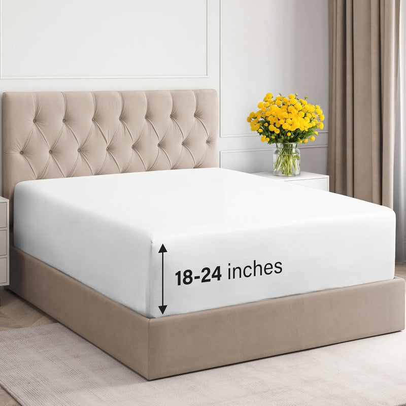 Extra Deep Twin 400 Thread Count Cotton Fitted Sheet - Hotel Luxury Single Fitted Sheet Only - Easily Fits 18" to 24" Mattress - Soft, Wrinkle Free, Breathable & Comfy Extra Deep Pockets White Fitted - Puck's