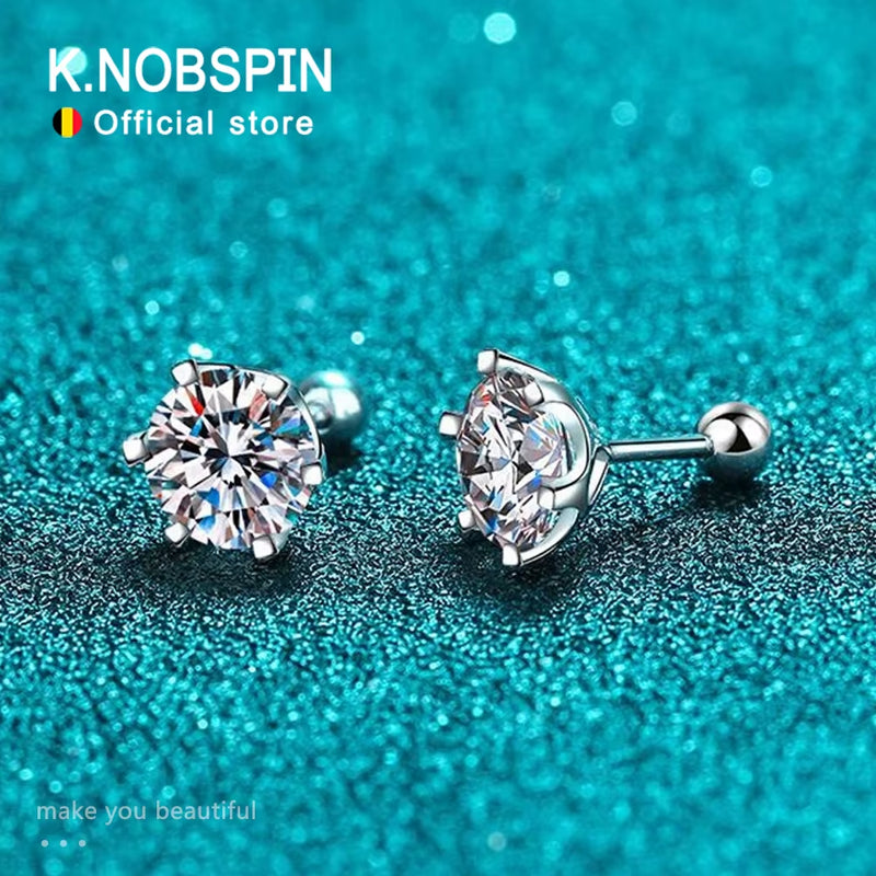 Moissanite Stud Earrings 18K White Gold Plated Sterling Silver D VVS1 round Cut Lab Diamond Screw Ear Studs for Women - Puck's