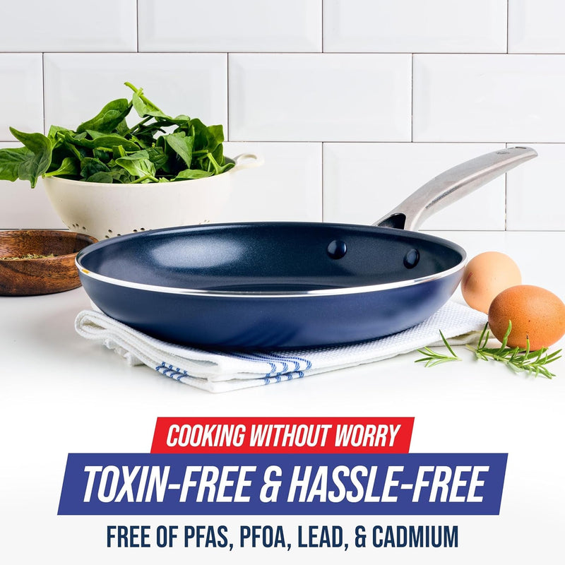 Cookware 10" Frying Pan Skillet, Diamond Infused Healthy Ceramic Nonstick, PFAS and Pfoa-Free, Dishwasher and Oven Safe, Even Heating, Metal Utensil Safe, Warp Control Base, Blue - Puck's