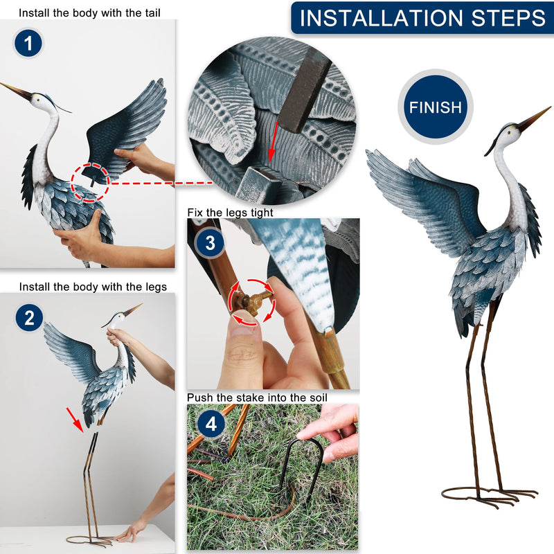 2Pcs 40.75''H, 37.20''H Blue Metal Heron Decor Garden Sculptures Statues, Large Crane Bird Yard Art for Outdoor Porch Party Decorations - Puck's