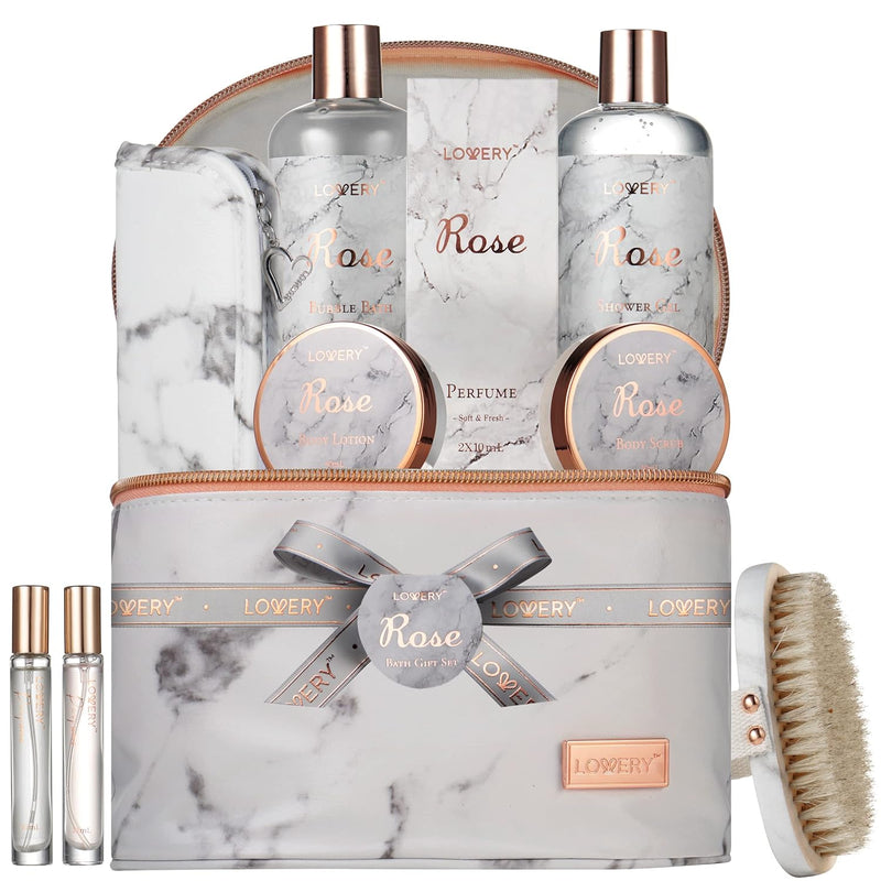 Birthday Gifts for Mom, Daughter Self Care Gifts for Women, Luxe 16Pc Rose Bath and Body Home Spa Set, Relaxation Bath Gift Basket for Birthday Pampering with Perfumes, Acne Kit, Lotions & More - Puck's