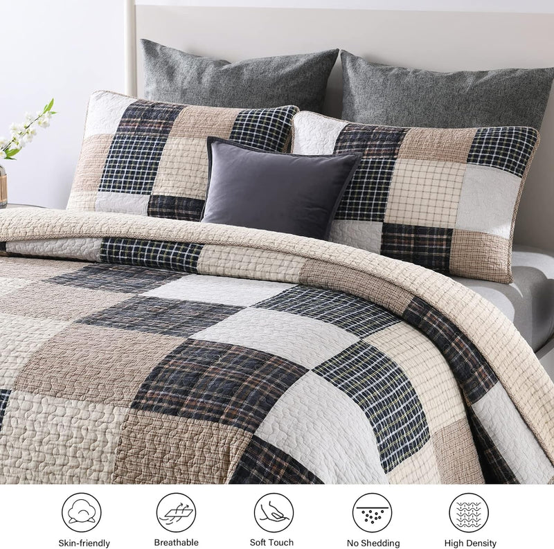 Quilt 100% Cotton King Size Quilt Set, Brown Khaki Black White Patchwork Plaid Bedspread, Lightweight Reversible Soft Summer Quilt Bedding Set, 3-Pieces - Puck's