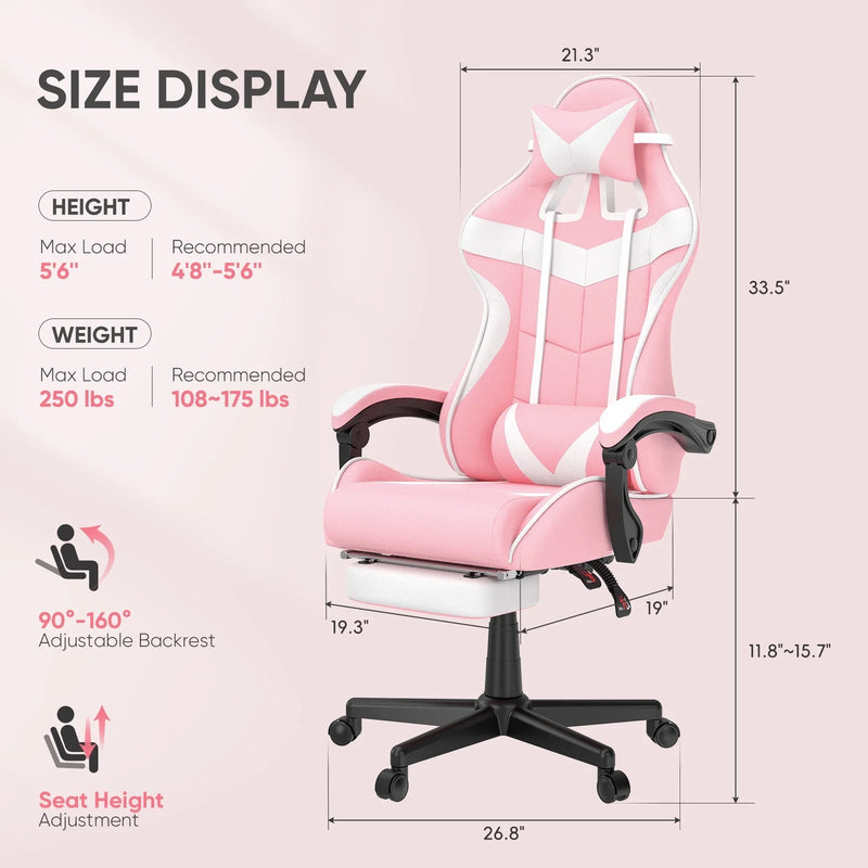 Pink Gaming Chair, Adult Game Gamer with Footrest & Massage Lumbar Pillow for Kid, Ergonomic High Back Office Chairs with Bunny Ear, Pink - Puck's