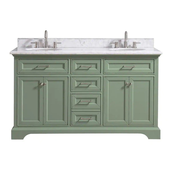 Windlowe 61 In. W Double Sink Green Bath Vanity with White Carrara Marble Top (Assembled) - Puck's