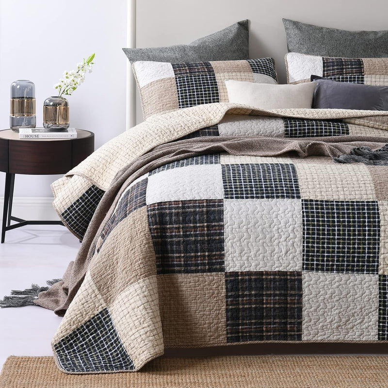 Quilt 100% Cotton King Size Quilt Set, Brown Khaki Black White Patchwork Plaid Bedspread, Lightweight Reversible Soft Summer Quilt Bedding Set, 3-Pieces - Puck's