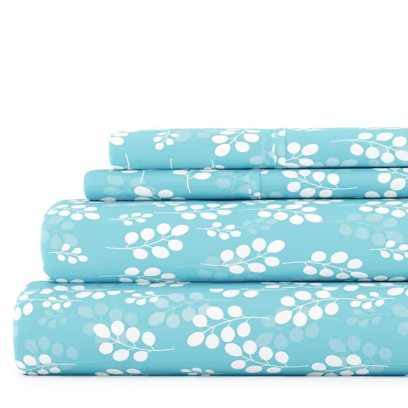 4-Piece Pale Blue Floral Microfiber Twin Sheet Set
