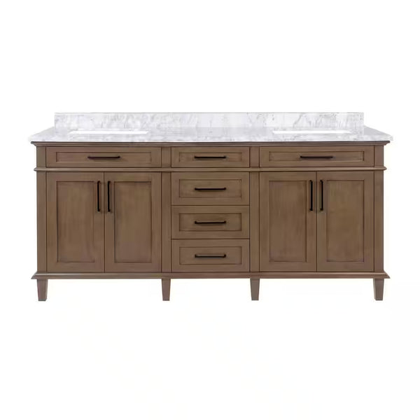 Sonoma 72 In. Double Sink Almond Latte Bath Vanity with Carrara Marble Top (Assembled) - Puck's